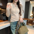 Henry Neck Long Sleeve Inner Layer Women's T-Shirt,  Slim Fit, Charming Half-Open Collar Top